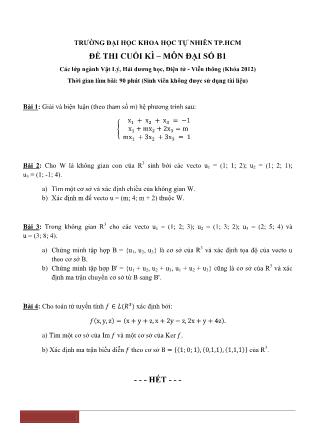 Đề thi cuối học kì môn Đại số B1 (Khóa 2012)