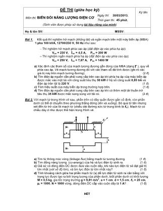 Đề thi giữa học kỳ môn Biến đổi năng lượng điện cơ