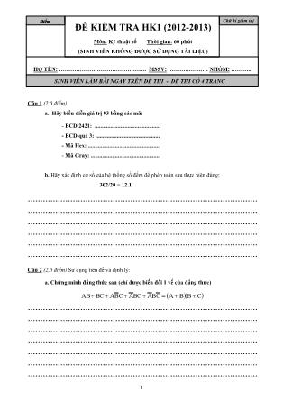 Đề kiểm tra học kì 1 môn Kỹ thuật số - Năm học 2012-2013 (Có đáp án)