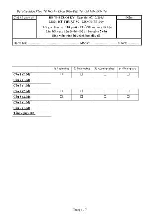 Đề thi cuối kỳ môn Kỹ thuật số - Năm học 2015-2016 (Có đáp án)