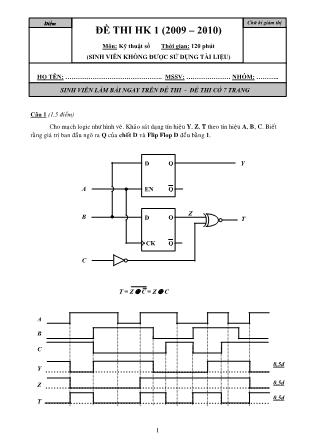 Đề thi học kì 1 môn Kỹ thuật số