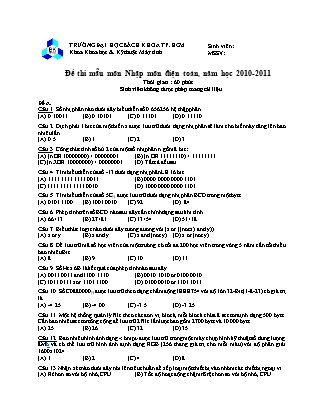 Đề thi mẫu môn Nhập môn điện toán - Năm học 2010-2011