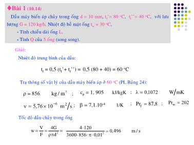 Bài giảng Truyền nhiệt - Bài tập phần Đối lưu cưỡng bức