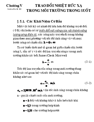 Bài giảng Truyền nhiệt - Chương 5: Trao đổi nhiệt bức xạ trong môi trường trong suốt - Võ Kiến Quốc