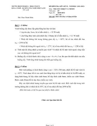 Đề kiểm tra giữa kỳ II môn Truyền nhiệt và thiết bị trao đổi nhiệt - Năm học (2011-2012)