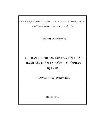 Luận văn Kế toán chi phí sản xuất và tính giá thành sản phẩm tại Công ty Cổ phần Đại Kim