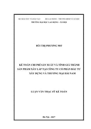 Luận văn Kế toán chi phí sản xuất và tính giá thành sản phẩm xây lắp tại Công ty cổ phần đầu tư xây dựng và thương mại Hải Nam