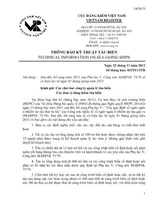Thông báo kỹ thuật tàu biển: Sửa đổi, bổ sung năm 2011 của Phụ lục V, Công ước MARPOL 73/78 sẽ có hiệu lực từ ngày 01 tháng giêng năm 2013