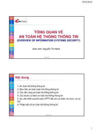 Bài giảng An toàn hệ thống thông tin - Chương 1: Tổng quan về an toàn hệ thống thông tin - Nguyễn Thị Hạnh
