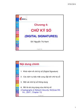 Bài giảng An toàn hệ thống thông tin - Chương 4: Chữ ký số (Digital Signatures) - Nguyễn Thị Hạnh