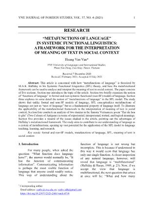 “Các siêu chức năng ngôn ngữ” trong ngôn ngữ học chức năng hệ thống: Khung lí thuyết dùng để giải thích ý nghĩa của ngôn bản trong ngôn cảnh xã hộ