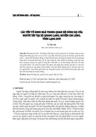 Các yếu tố kinh hoá trong quan hệ dòng họ của người Tày tại xã Quang Lang, huyện Chi Lăng, tỉnh Lạng Sơn