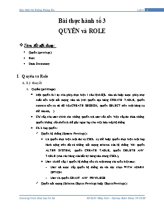 Giáo trình Bảo mật hệ thống thông tin - Bài thực hành số 3: Quyền và Role