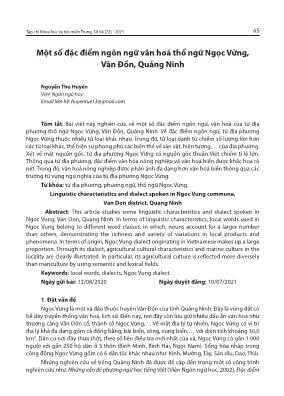 Một số đặc điểm ngôn ngữ văn hoá thổ ngữ Ngọc Vừng, Vân Đồn, Quảng Ninh