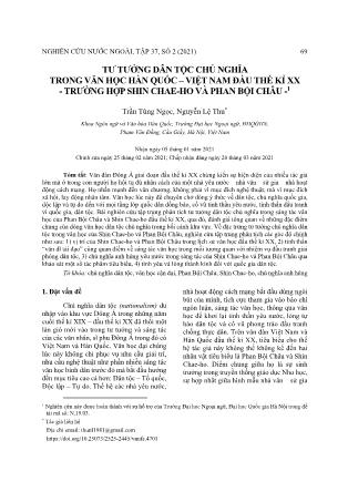Tư tưởng dân tộc chủ nghĩa trong văn học Hàn Quốc - Việt Nam đầu thế kỉ XX - Trường hợp Shin Chae-ho và Phan Bội Châu