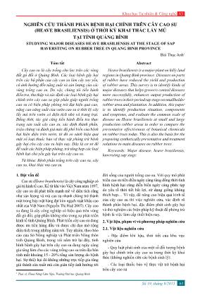 Nghiên cứu thành phần bệnh hại chính trên cây cao su (Heave brasiliensis) ở thời kỳ khai thác lấy mủ tại tỉnh Quảng Bình