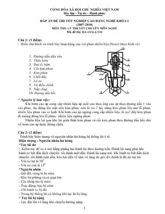 Đáp án đề thi Tốt nghiệp Cao đẳng nghề Khóa I môn Lý thuyết chuyên môn nghề - Mã DA OTO-LT10