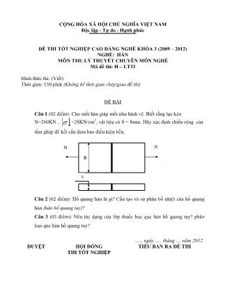 Đề thi Tốt nghiệp Cao đẳng nghề Khóa 3 môn Lý thuyết chuyên môn nghề (Hàn) - Mã đề H-LT 33 (Có đáp án)