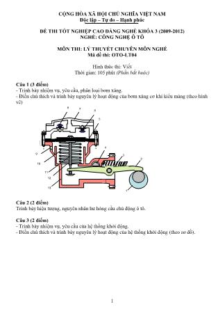 Đề thi Tốt nghiệp Cao đẳng nghề Khóa 3 môn Lý thuyết chuyên môn nghề - Mã OTO-LT04