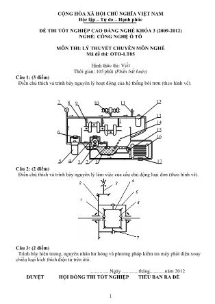 Đề thi Tốt nghiệp Cao đẳng nghề Khóa 3 môn Lý thuyết chuyên môn nghề (Công nghệ ô tô) - Mã OTO-LT05
