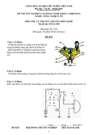 Đề thi Tốt nghiệp Cao đẳng nghề Khóa 3 môn Lý thuyết chuyên môn nghề (Công nghệ ô tô) - Mã OTO-LT09