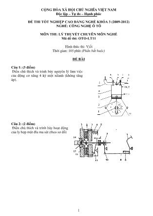Đề thi Tốt nghiệp Cao đẳng nghề Khóa 3 môn Lý thuyết chuyên môn nghề (Công nghệ ô tô) - Mã OTO-LT11